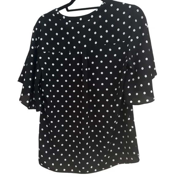 Express Black and White Polka Dot Blouse with Ruffle Sleeves in Women’s Large - Picture 3 of 7